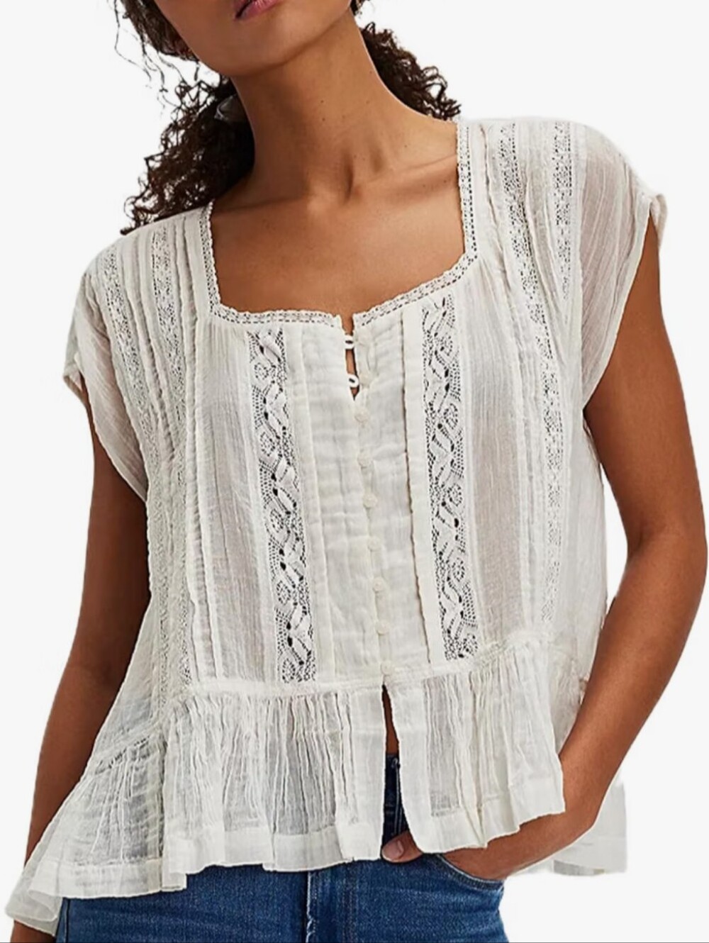 White Women's Lace Top Button down w/ short sleeves Size S/M BNWOT